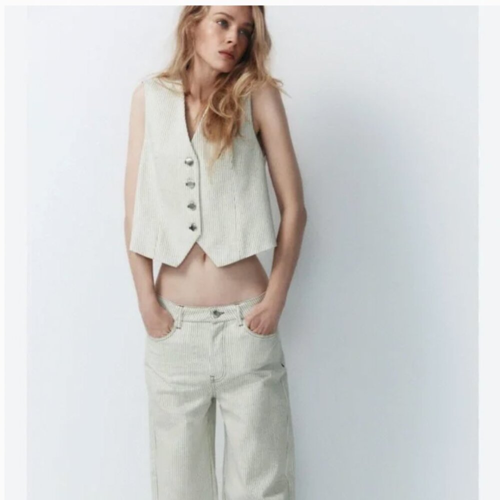 Zara Pinstriped Green and White vest and jean set - size L